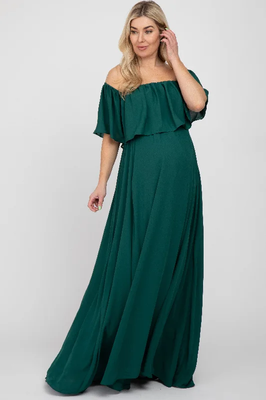 Super Sale Forest Green Chiffon Off Shoulder Maternity Gown