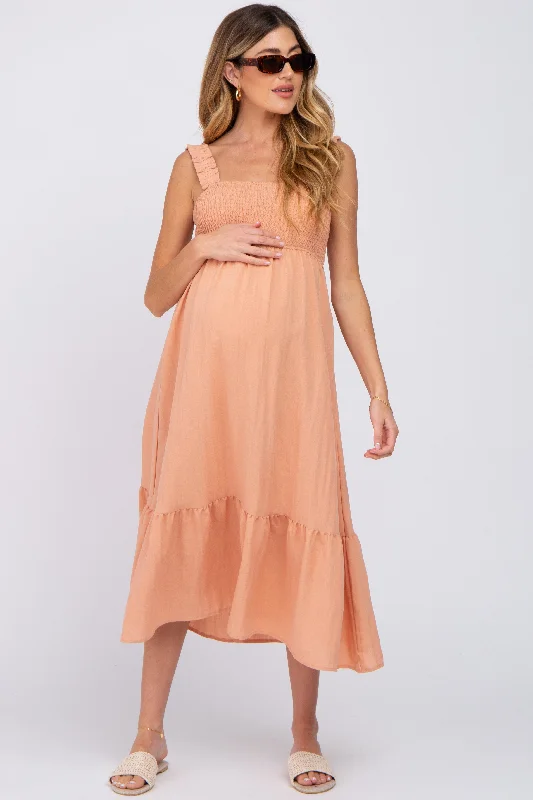 Deal Dash Peach Smocked Maternity Midi Dress