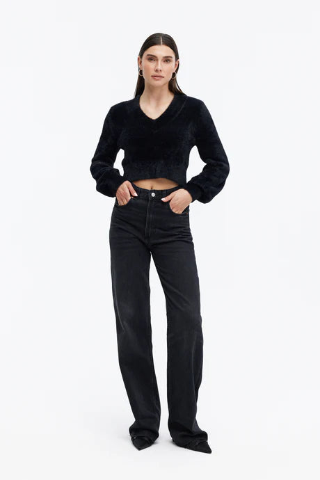 Mega Sale Marina V-neck Fuzzy Sweater I Black