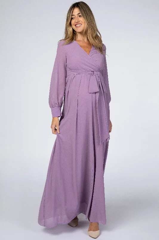 Buy More, Save More Violet Chiffon Long Sleeve Pleated Maternity Maxi Dress