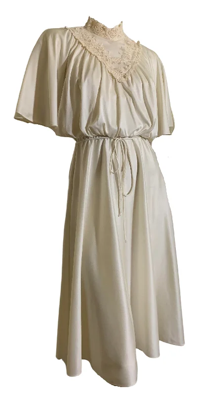 Crazy Savings Gunne Style Ivory Jersey Nylon Blouson Bodice Lace Trimmed Dress circa 1970s