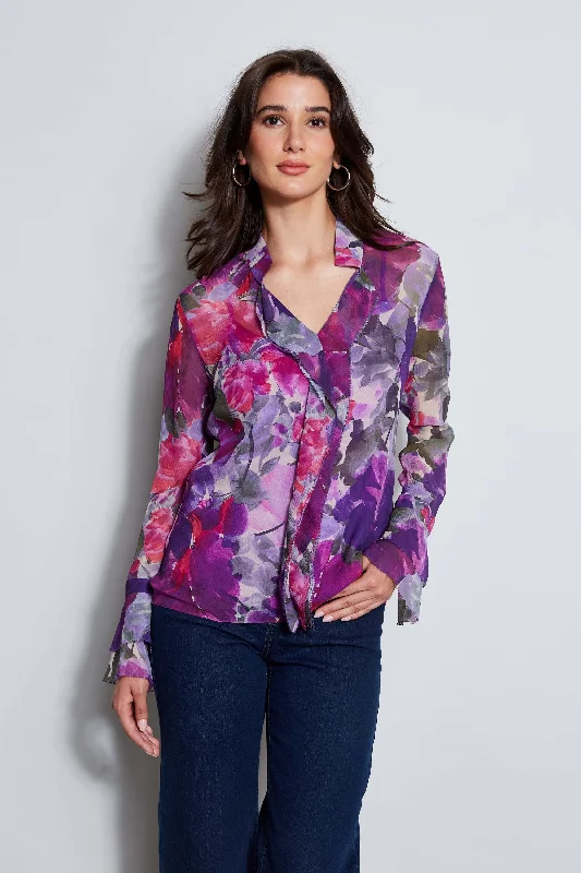 Low Prices Silk Chiffon Tossed Floral Ruffle Shirt