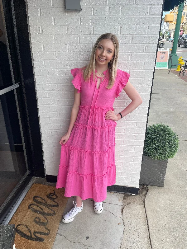 Mega Sale Pink Linen Ruffle Dress