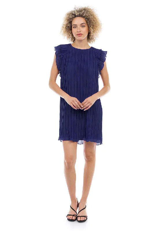 Epic Deals Flutter Sleeve Pleated Dress I Navy Blue