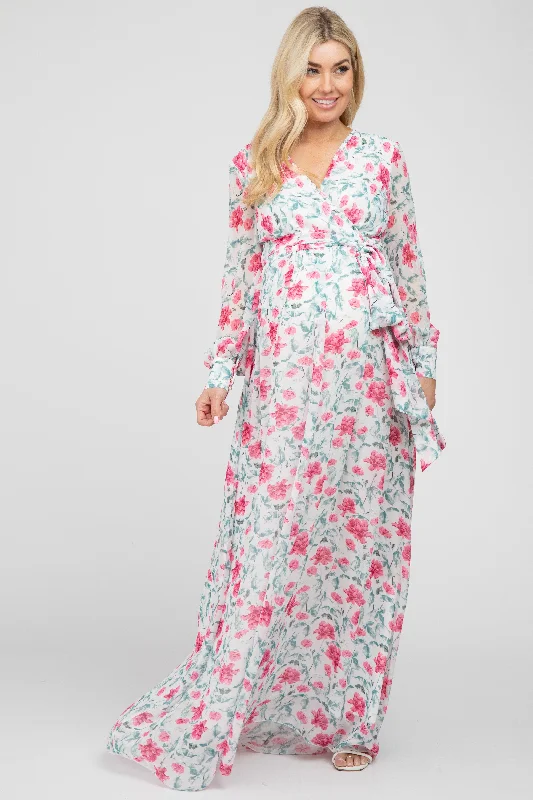 Blowout Sale Ivory Floral Chiffon Long Sleeve Pleated Maternity Maxi Dress