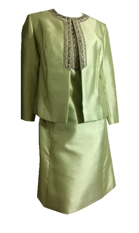 Deal Dash Pistachio Green Slubbed Silk Dress and Jacket with Beading circa 1960s