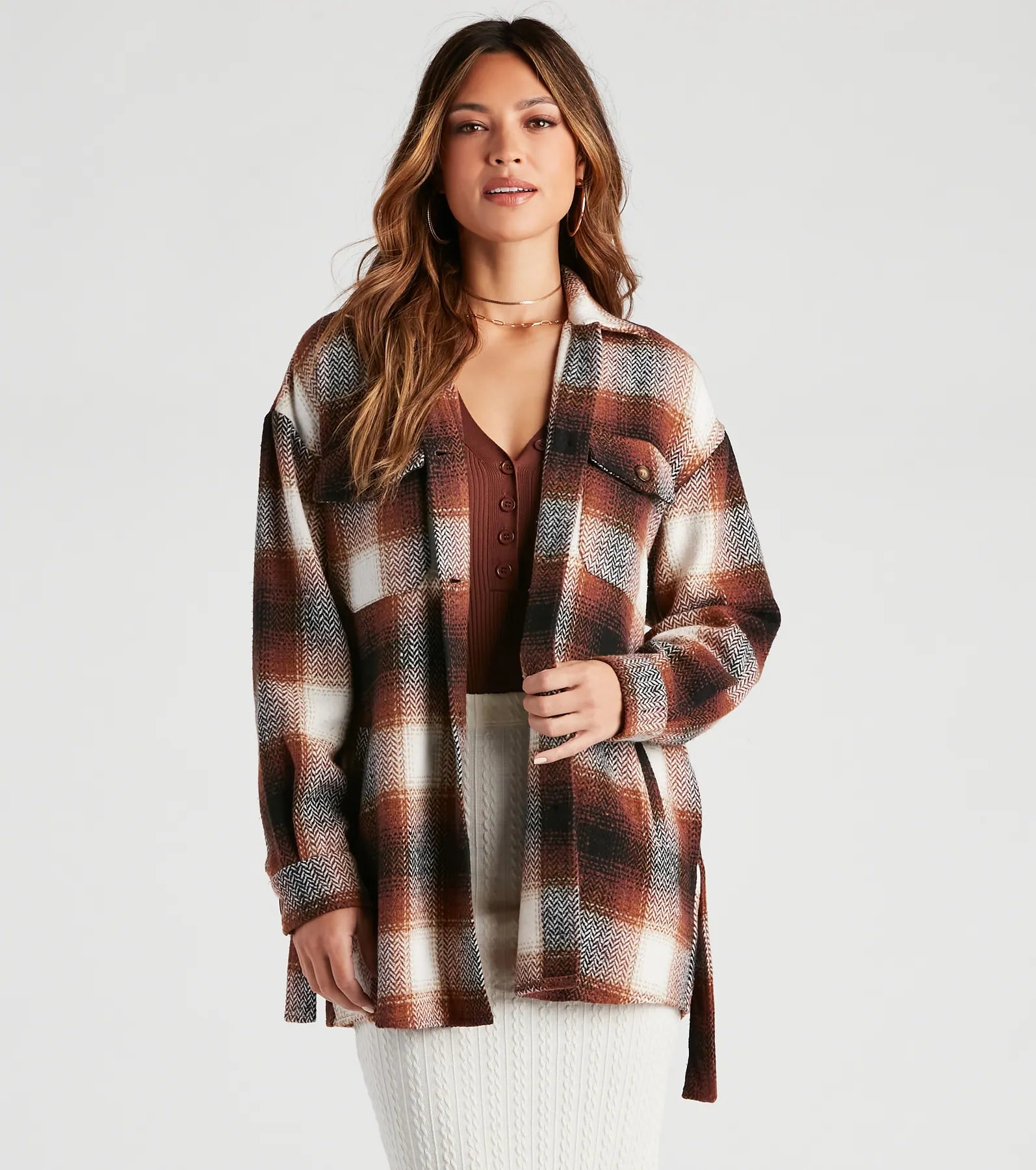 Hurry In Cozy Fall Vibes Belted Plaid Shacket