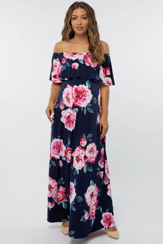 Early Bird Discount Navy Floral Off Shoulder Flounce Maternity Maxi Dress