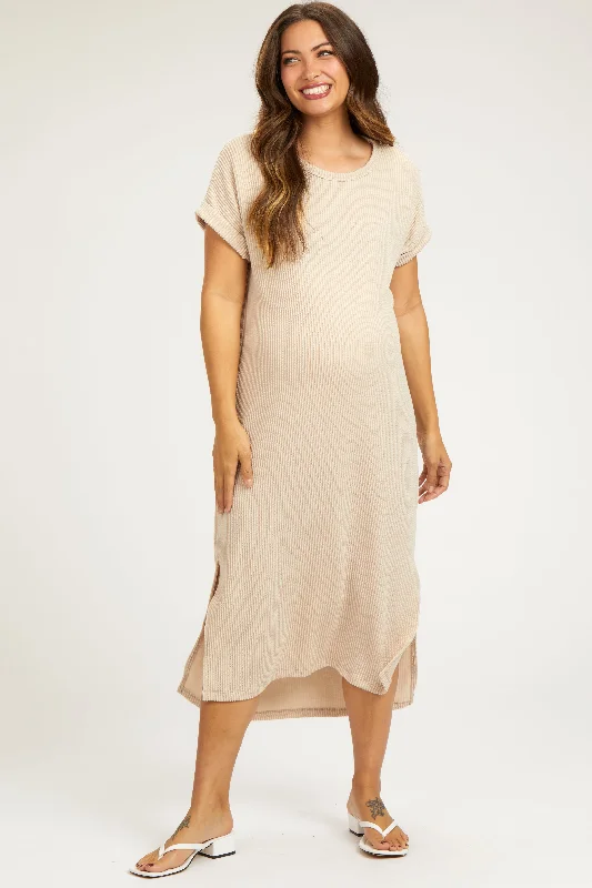 Stock Clearance Beige Ribbed Short Sleeve Maternity Midi Dress