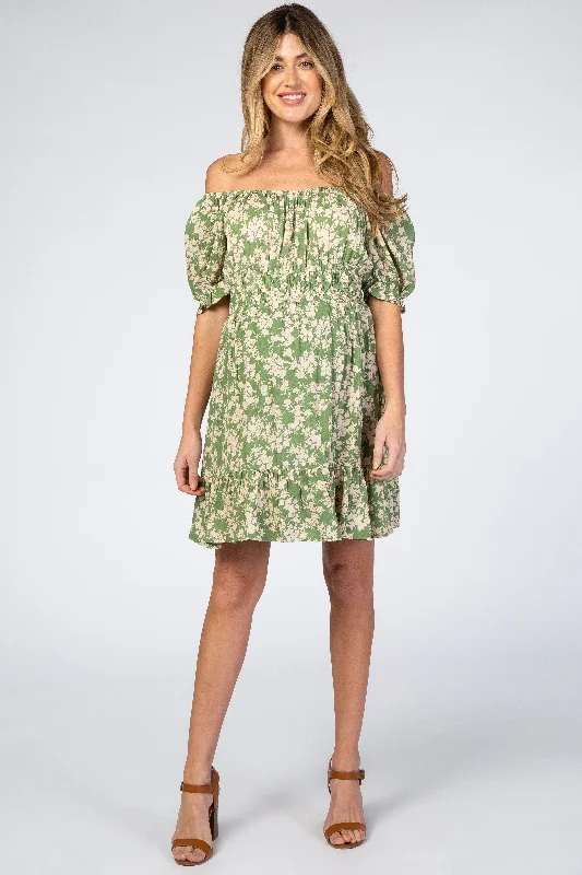 Limited Time Offer Green Floral Off Shoulder Maternity Mini Dress