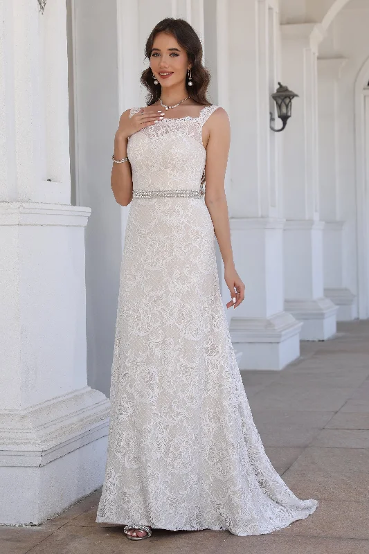 Fantastic Deals Elegant Square Neck Ivory Sleeveless Lace Long Wedding Dress