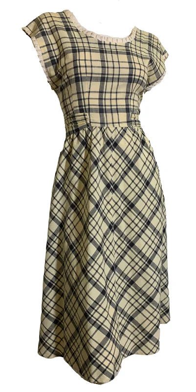 Best Seller Sunlight Yellow and Blue Checked Cotton Dress with Lace Trim and Low Button Back circa 1940s