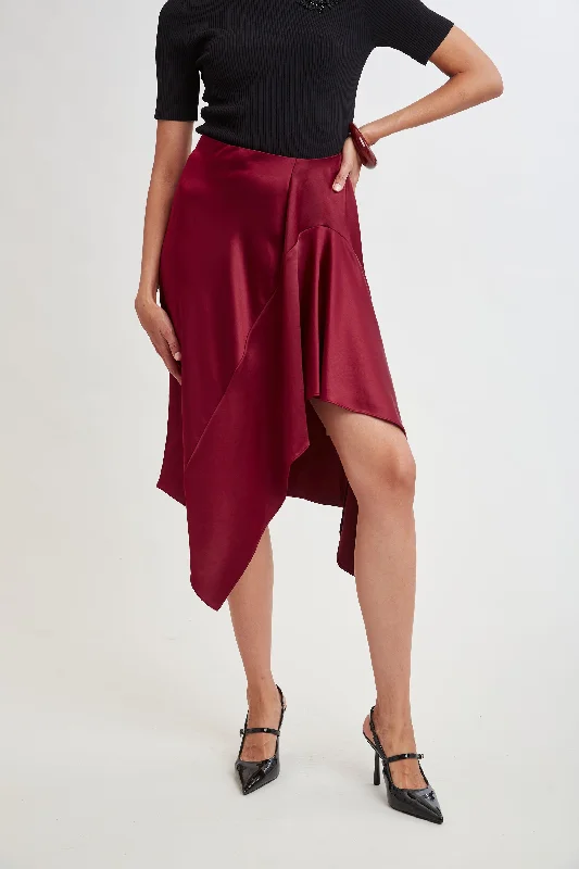 Can't Miss Asymmetric Hem Satin Midi Skirt