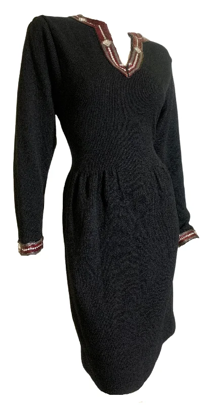 Loyalty Reward Bead and Rhinestone Trimmed Santana Knit Black Dress circa 1980s
