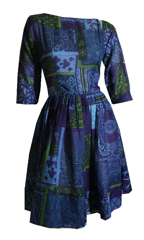 Can't Be Beat Whimsical Novelty Print Dress Spades and Hashtags and Stars! circa 1960s