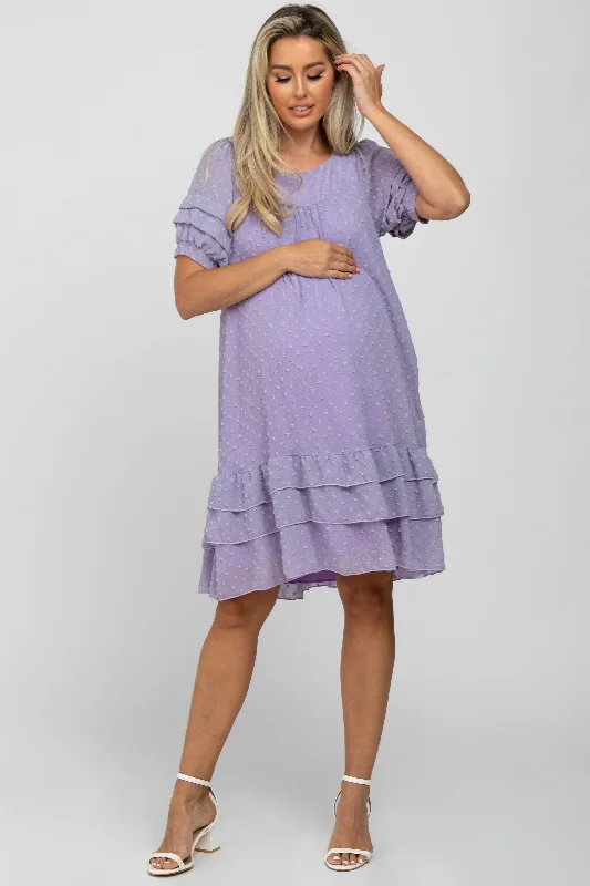 Super Bargain Lavender Chiffon Swiss Dot Ruffle Hem Maternity Midi Dress