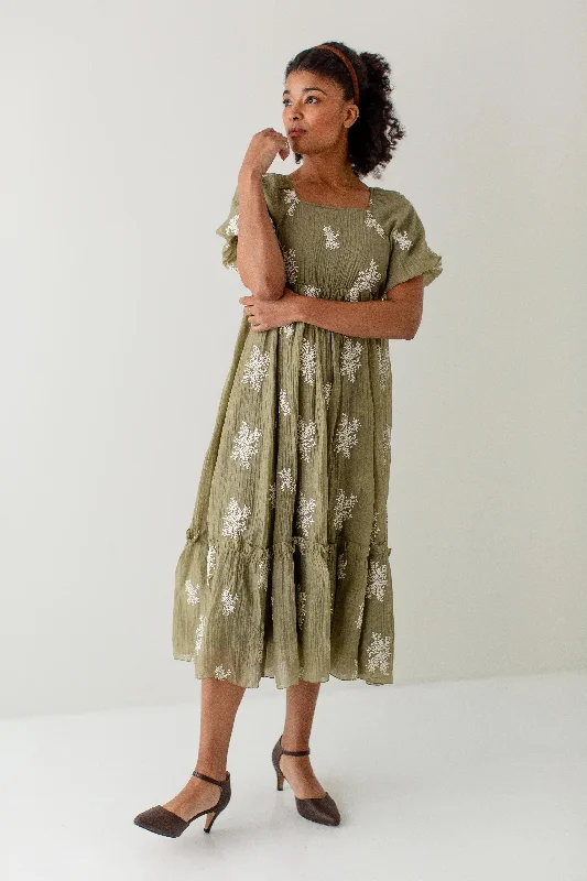 Blowout Sale 'Tamara' Embroidered Square Neck Textured Dress in Light Olive