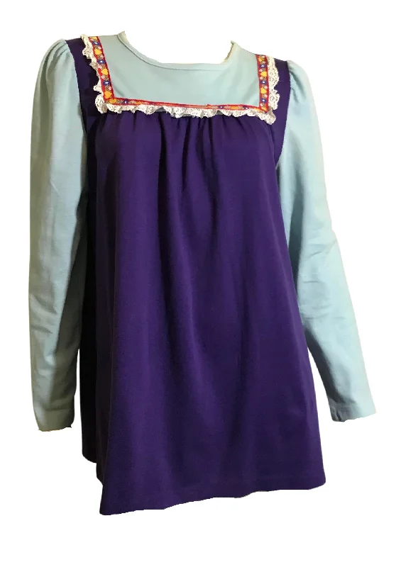 Deal Dash Purple and Blue Lace and Ribbon Trimmed Mini Dress circa 1970s