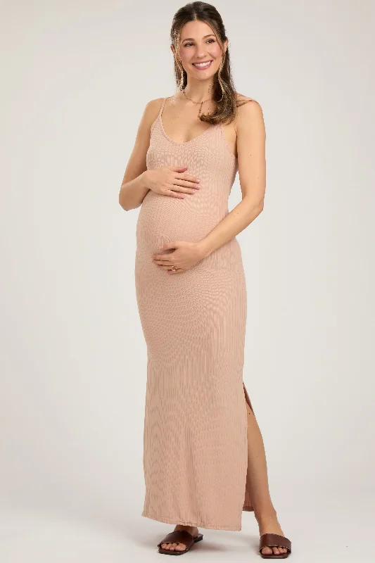 Discount Deals Beige Ribbed Side Slit Maternity Maxi Dress