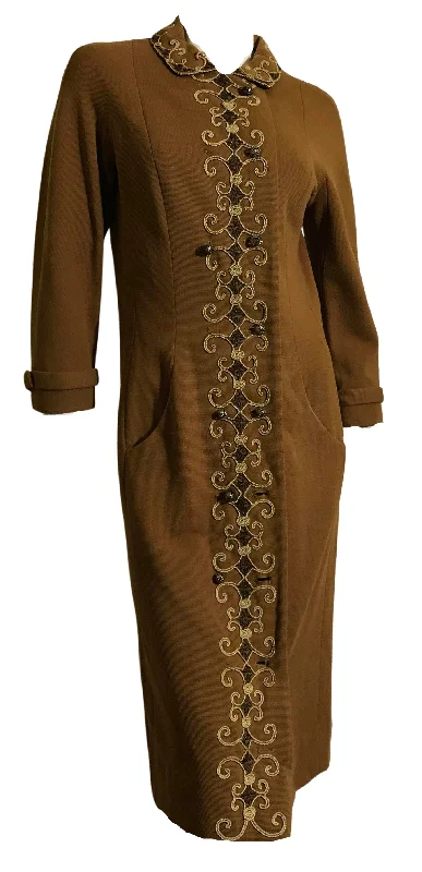 Savings Spectacular Cinnamon Knit Wool Knit Shift Dress with Soutache and Beads circa 1960s