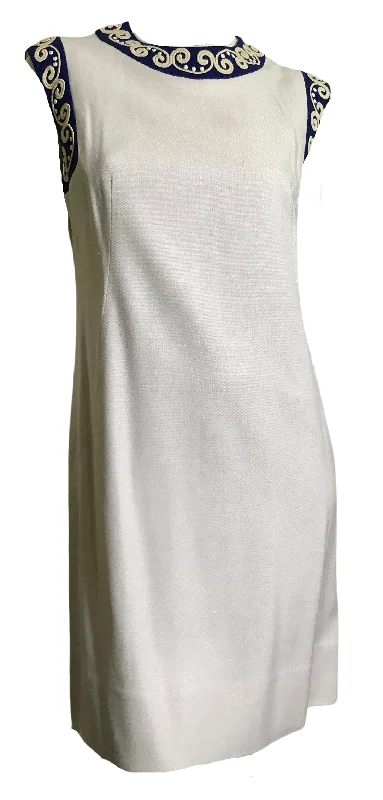 Big Savings Sleeveless White Linen Weave Rayon Shift Dress with Blue and White Beaded Trim circa 1960s
