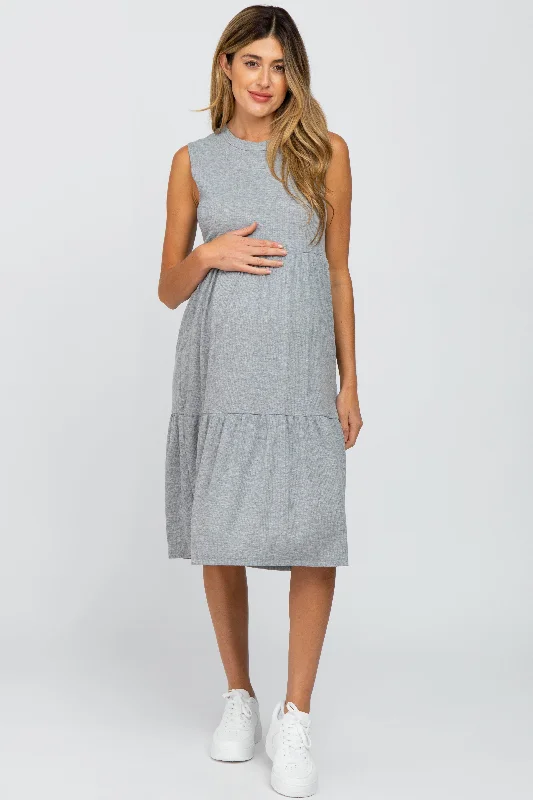 Best Seller Heather Grey Ribbed Sleeveless Maternity Midi Dress