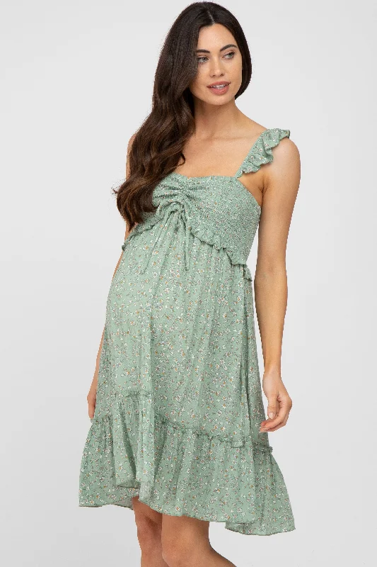 Markdowns Light Olive Floral Ruffle Accent Smocked Maternity Dress