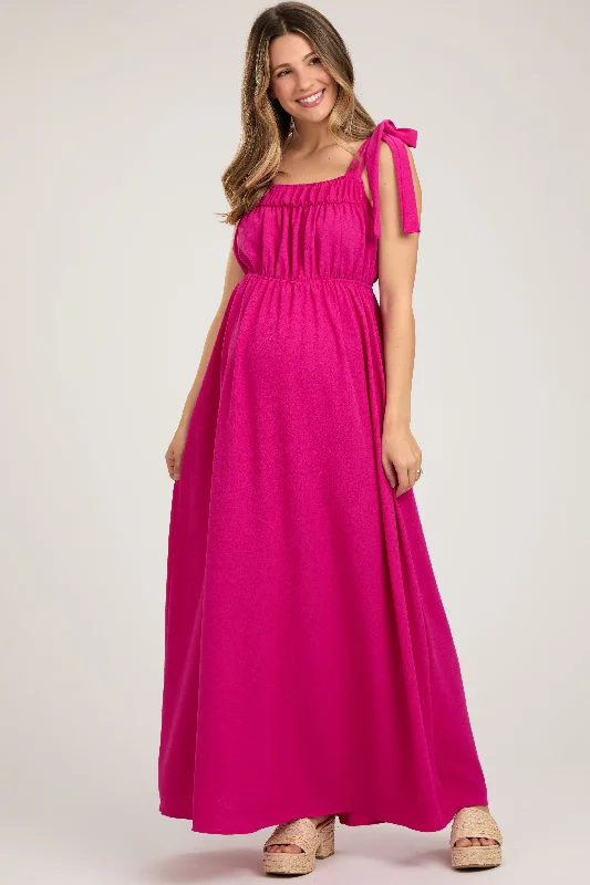 Super Sale Fuchsia Square Neck Shoulder Tie Maternity Maxi Dress