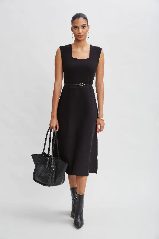 Price Drop Square Neck Belted Sweater Dress