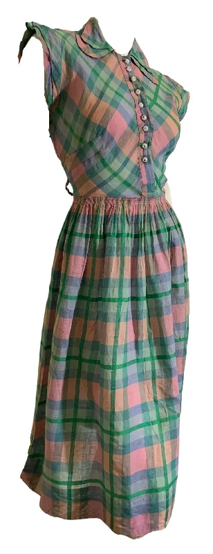 Closeout Sale Darling Pastel Plaid Voile Cotton Day Dress circa 1940s