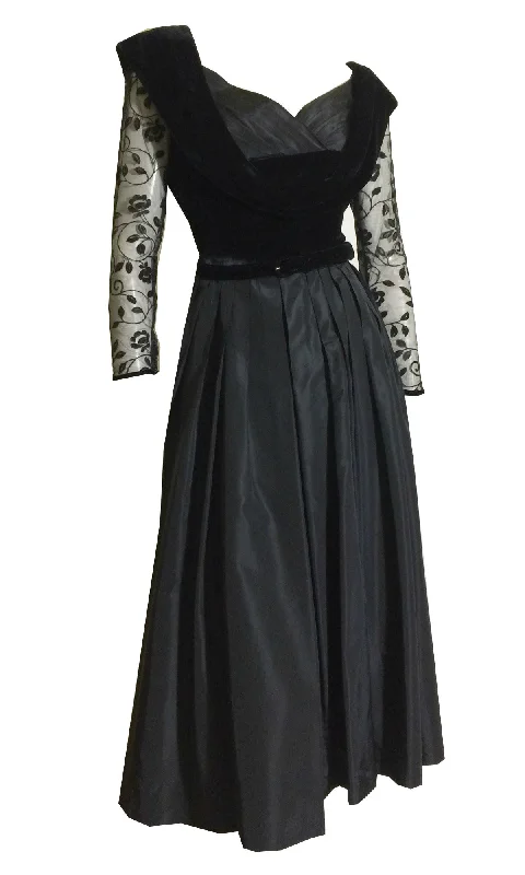 Bargain Prices Nipped Waist Black Taffeta and Velvet Full Skirt Cocktail Dress circa 1950s