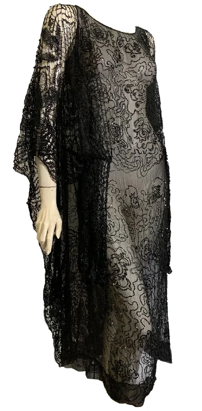 Take Advantage Sheer Black Silk Beaded Dress with Spanish Shawl Inspired Crochet Adornment circa 1920s