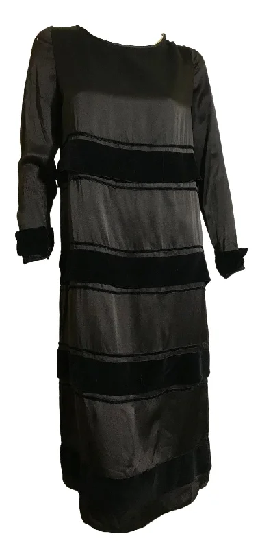 Bargain Prices Velvet Striped Black Weighted Silk Dress circa 1920s
