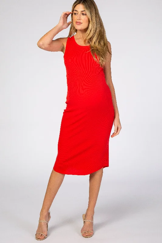 Stock Up and Save Red Ribbed Sleeveless Maternity Midi Dress