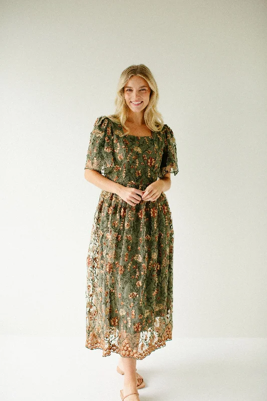 Great Bargains 'Jeanette' Square Neck Embroidered Floral Mesh Midi Dress in Olive FINAL SALE