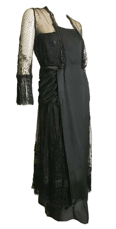 Referral Discount Elaborate Ink Black Silk Formal Dress with Beading Lace and Long Fringe circa 1910s