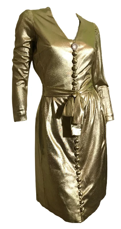 Savings Bonanza Metallic Gold Treated Nylon Button Front Mini Dress circa 1970s