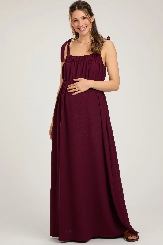 Members Only Plum Square Neck Shoulder Tie Maternity Maxi Dress