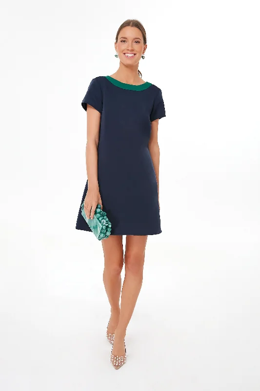 Stock Clearance Navy and Green Bow Back Mini Dress
