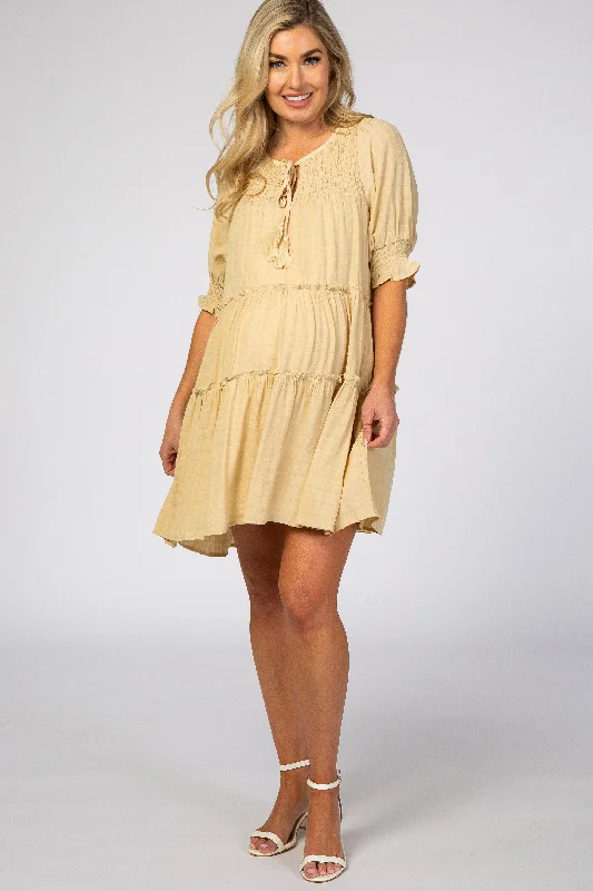 Extra Savings Cream Smocked Tiered Maternity Dress