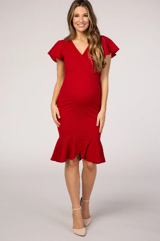 Discount Mania PinkBlush Red Ruffle Accent Fitted Maternity Wrap Dress