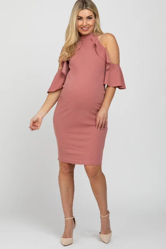 Quick Sale Mauve Mock Neck Ruffle Trim Fitted Maternity Dress