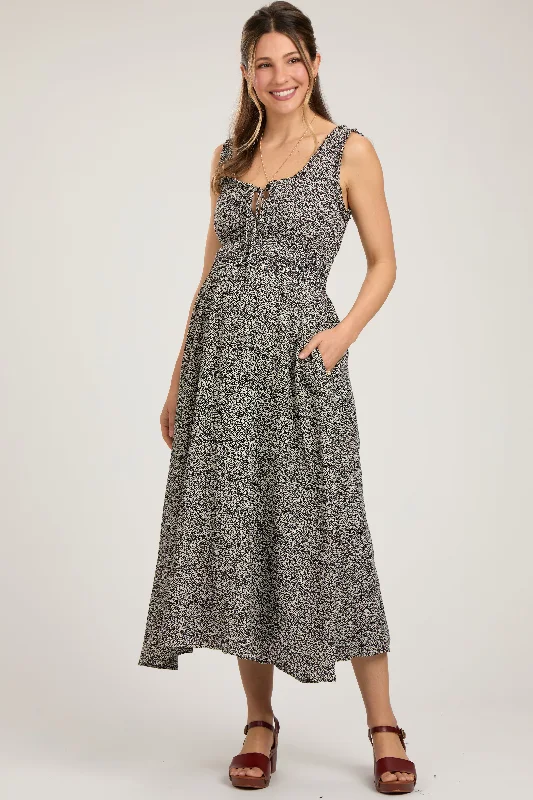 Seasonal Sale Black Floral Sleeveless Smocked Waist Maternity Midi Dress