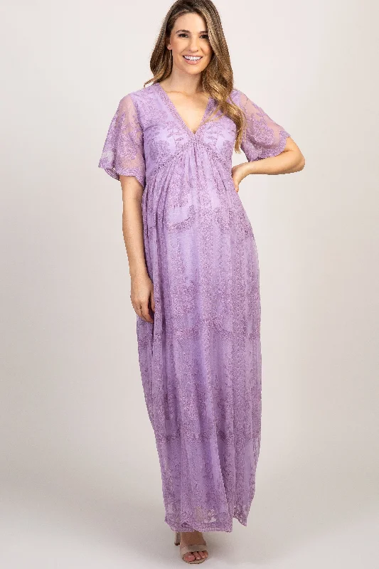 Act Fast PinkBlush Lavender Lace Mesh Overlay Maternity Maxi Dress