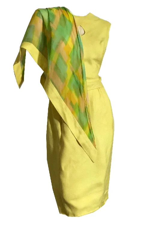 Buy Now Lemony Yellow Sleeveless Dress with Keyhole Neckline and Scarf circa 1960s