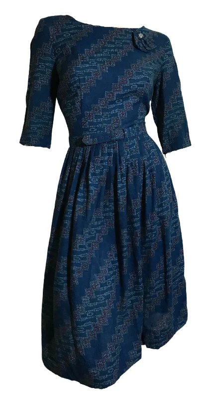 Price Fest Black and Blue Rhinestone Trimmed Dress  circa 1950s