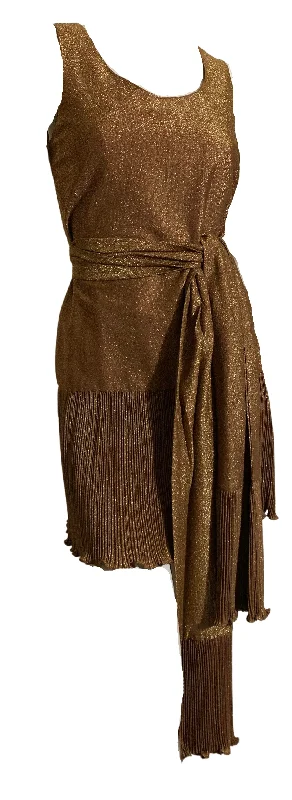 New Markdowns Amber Gold Lurex Mini Cocktail Dress with Micropleated Hem and Sash circa 1960s