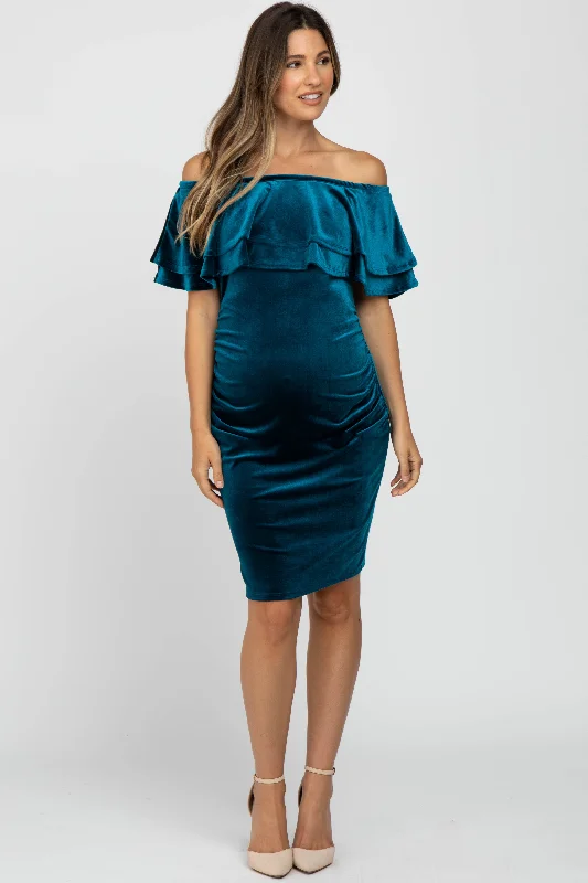 Year-End Clearance Teal Velvet Off Shoulder Fitted Maternity Dress