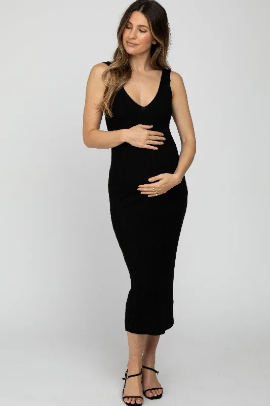 TIME-Limited Offer Black Ribbed Sleeveless Knit Maternity Midi Dress
