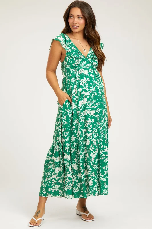 Deal of the Week Green Floral Ruffle Maternity Midi Dress